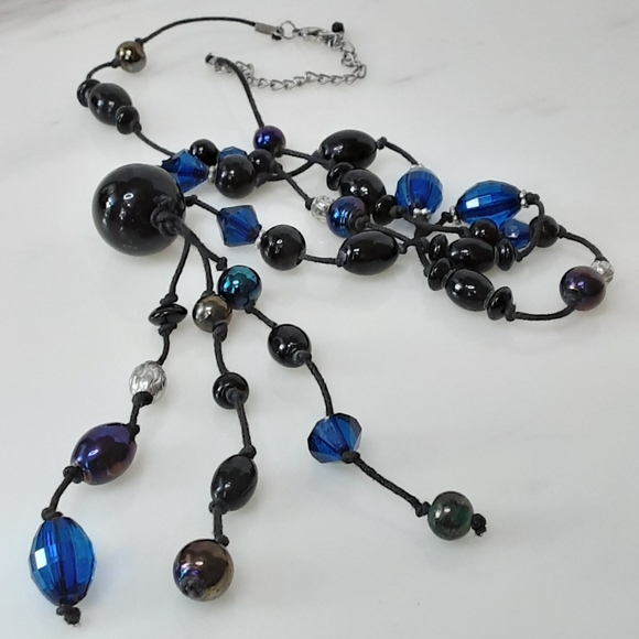 ART DECO 925 Silver Black Faux Onyx | Blue Faceted Glass Beaded Tassel Necklace - Picture 5 of 5